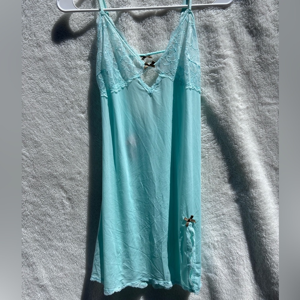 Victoria's Secret Mint Green Blue Chemise Slip Dress with Lace Trim and Bow